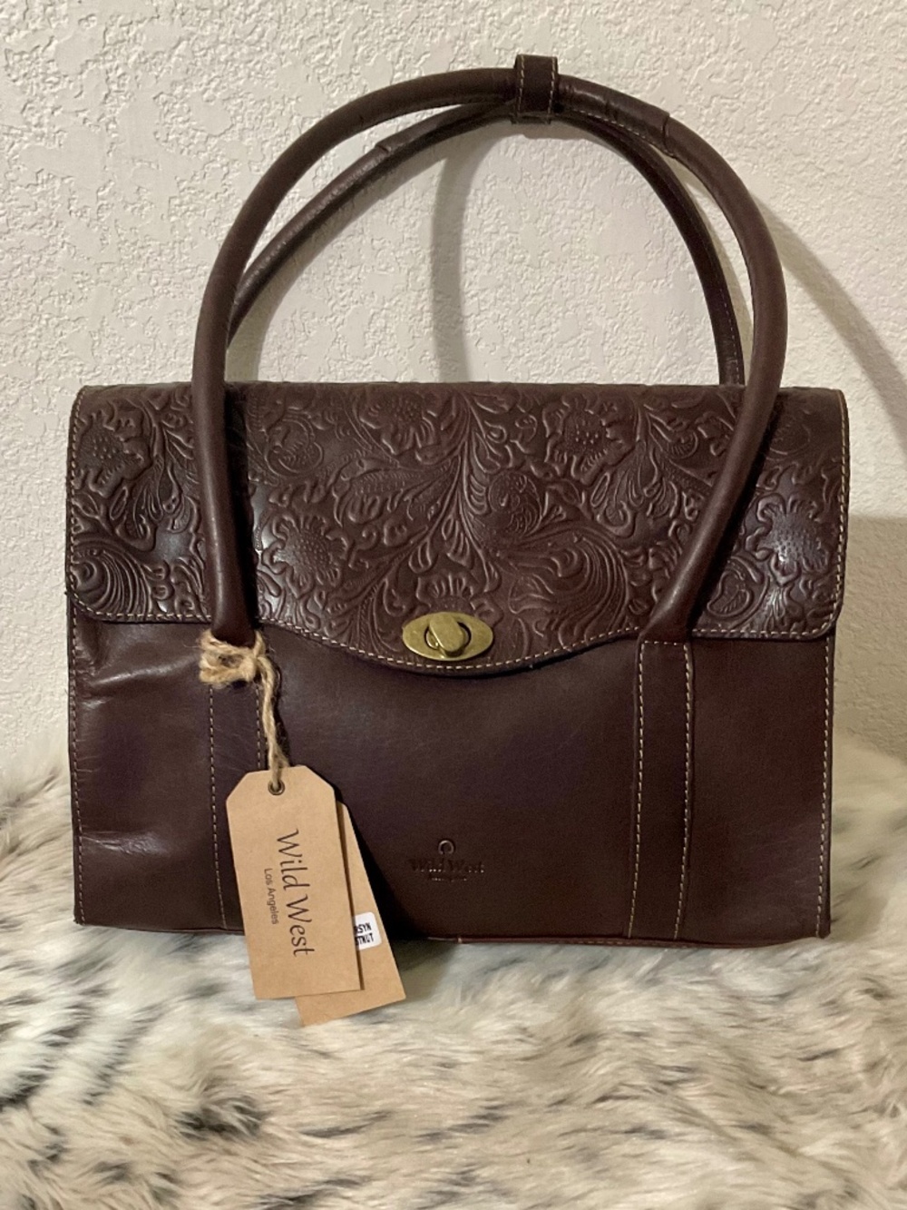 Wild West chocolate brown Hand tooled floral leather,turnlock,antique gold